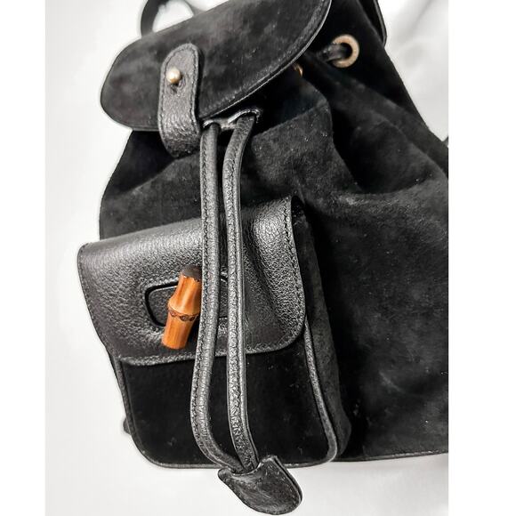 Vintage Gucci Black Suede and Bamboo Handle Backpack Purse - Picture 3 of 11